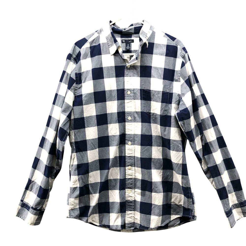 Gap Poplin Slim Fit Shirt Mens L Long Sleeve‎ Blue White Buffalo Plaid Cotton